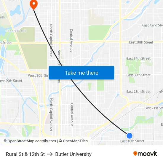Rural St & 12th St to Butler University map