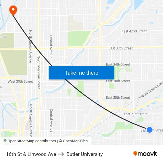 16th St & Linwood Ave to Butler University map