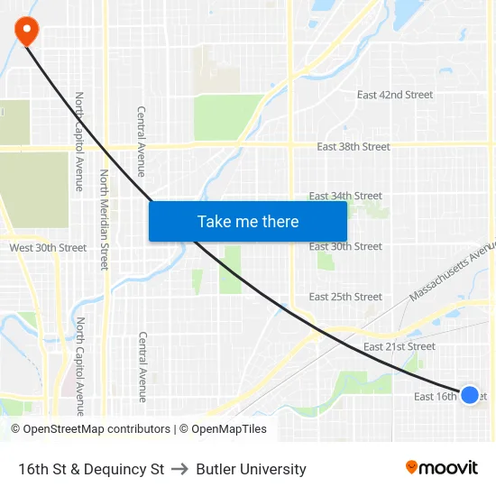 16th St & Dequincy St to Butler University map
