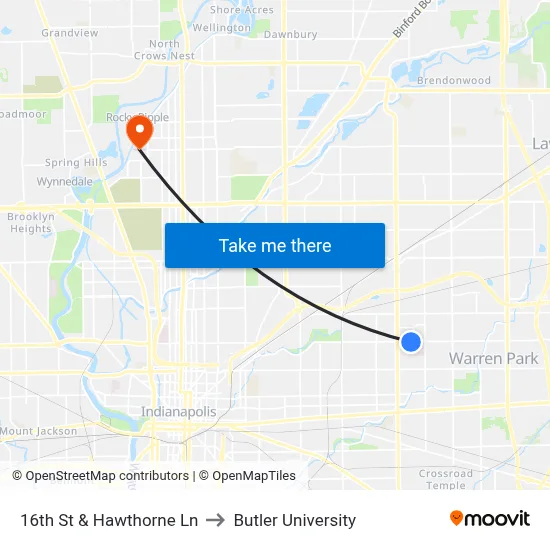 16th St & Hawthorne Ln to Butler University map