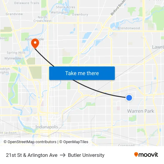 21st St & Arlington Ave to Butler University map