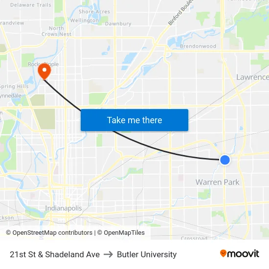 21st St & Shadeland Ave to Butler University map