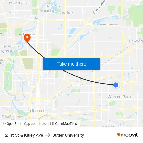 21st St & Kitley Ave to Butler University map