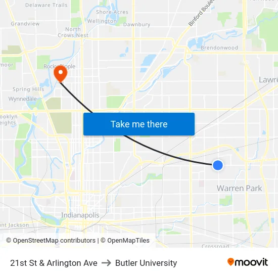 21st St & Arlington Ave to Butler University map