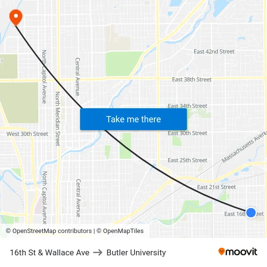 16th St & Wallace Ave to Butler University map