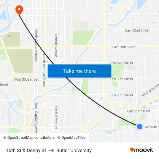 16th St & Denny St to Butler University map