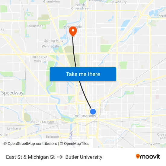East St & Michigan St to Butler University map