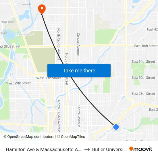 Hamilton Ave & Massachusetts Ave to Butler University map