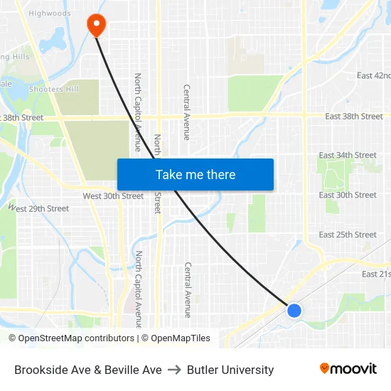 Brookside Ave & Beville Ave to Butler University map
