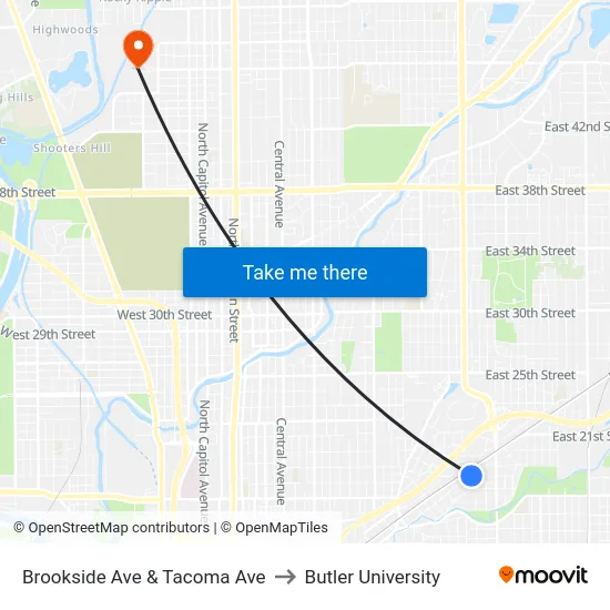Brookside Ave & Tacoma Ave to Butler University map