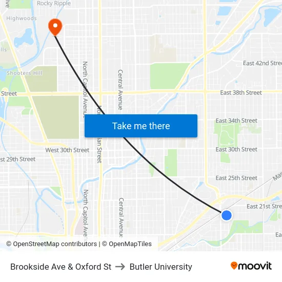 Brookside Ave & Oxford St to Butler University map
