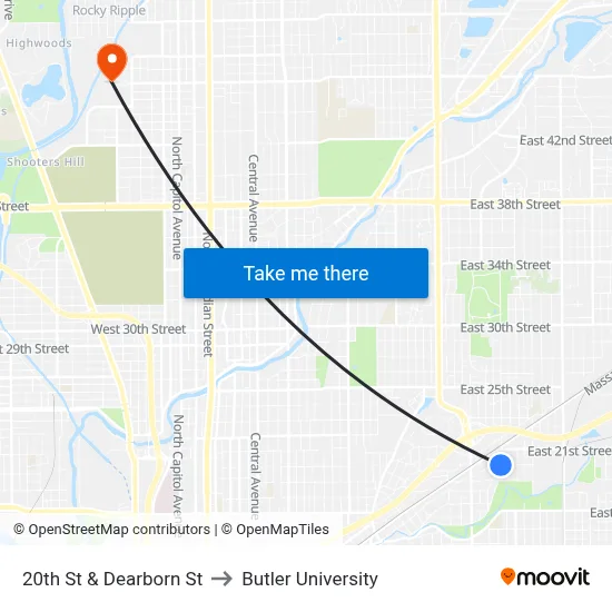 20th St & Dearborn St to Butler University map