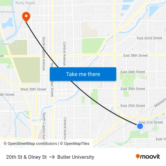 20th St & Olney St to Butler University map
