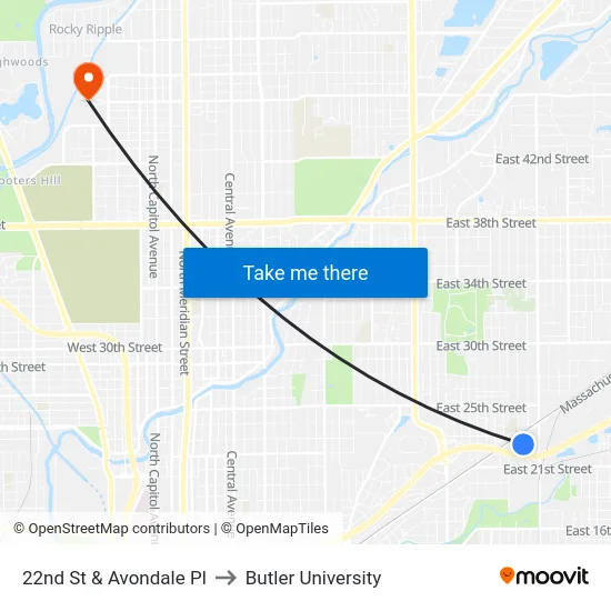 22nd St & Avondale Pl to Butler University map