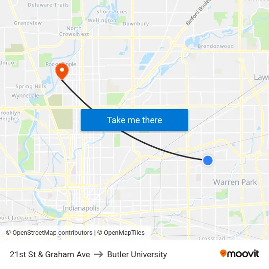 21st St & Graham Ave to Butler University map