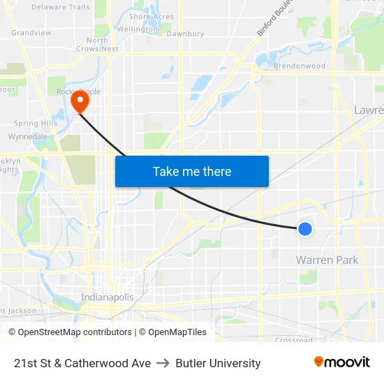 21st St & Catherwood Ave to Butler University map