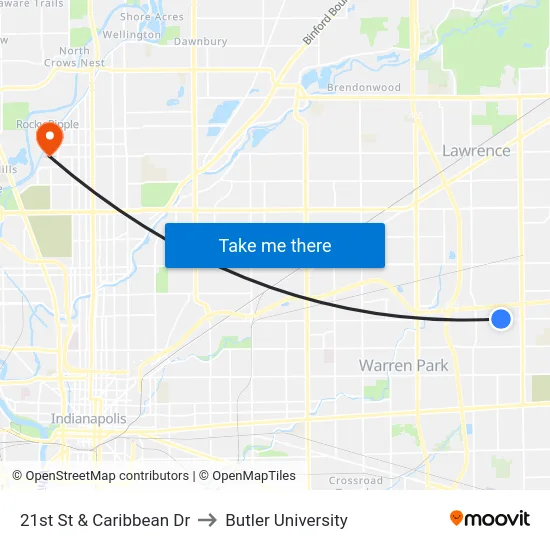 21st St & Caribbean Dr to Butler University map