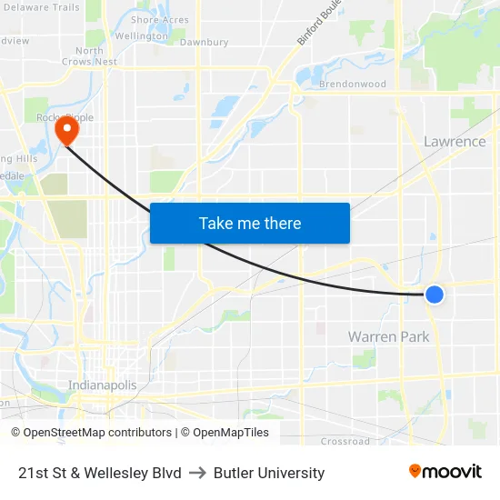21st St & Wellesley Blvd to Butler University map