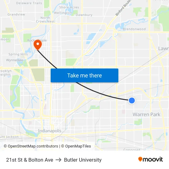 21st St & Bolton Ave to Butler University map