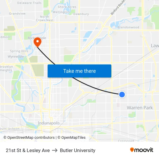21st St & Lesley Ave to Butler University map