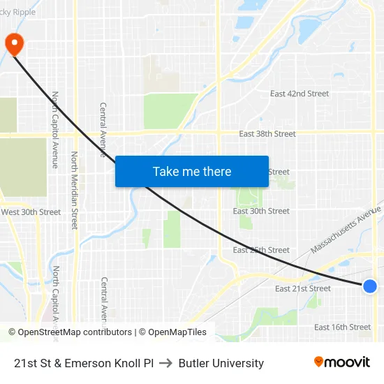 21st St & Emerson Knoll Pl to Butler University map