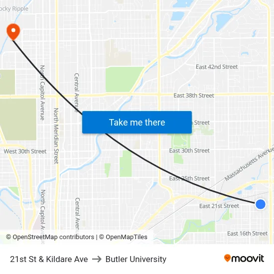 21st St & Kildare Ave to Butler University map