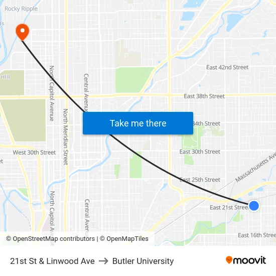 21st St & Linwood Ave to Butler University map