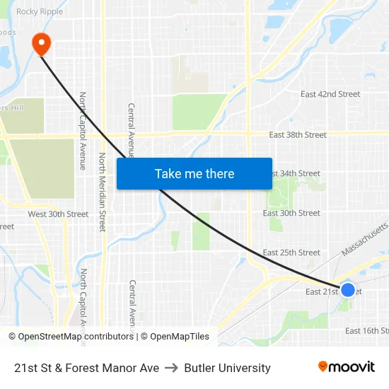 21st St & Forest Manor Ave to Butler University map