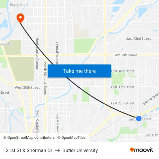 21st St & Sherman Dr to Butler University map