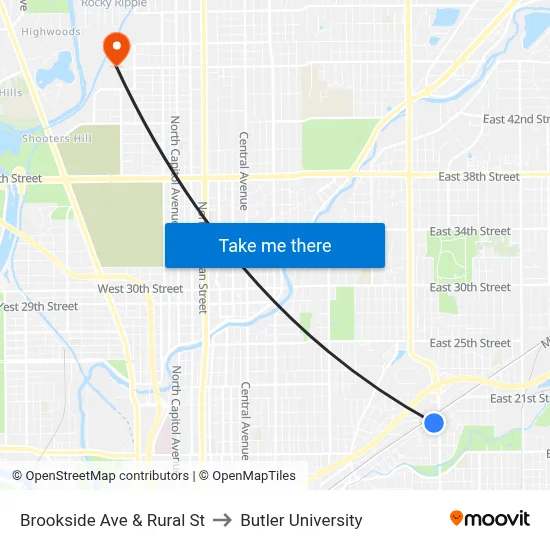 Brookside Ave & Rural St to Butler University map