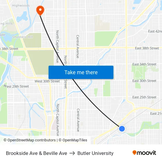 Brookside Ave & Beville Ave to Butler University map