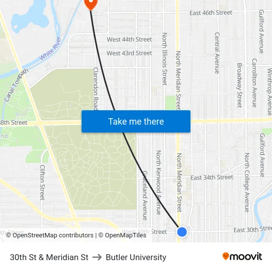 30th St & Meridian St to Butler University map