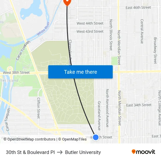 30th St & Boulevard Pl to Butler University map
