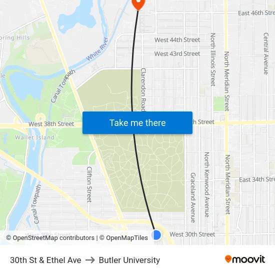 30th St & Ethel Ave to Butler University map