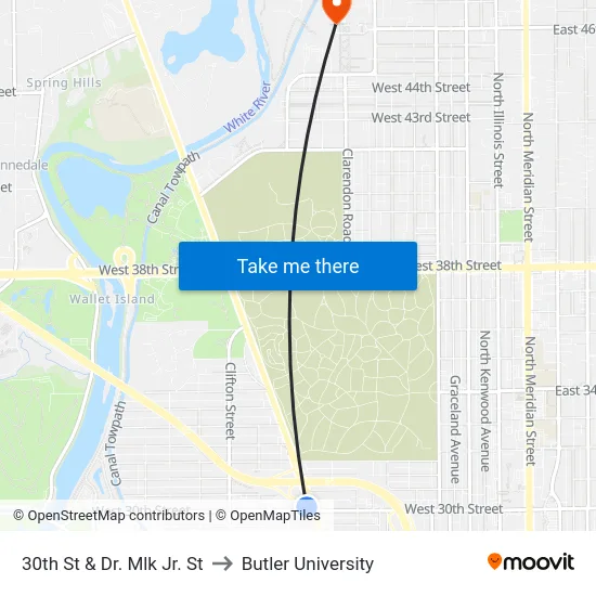 30th St & Dr. Mlk Jr. St to Butler University map