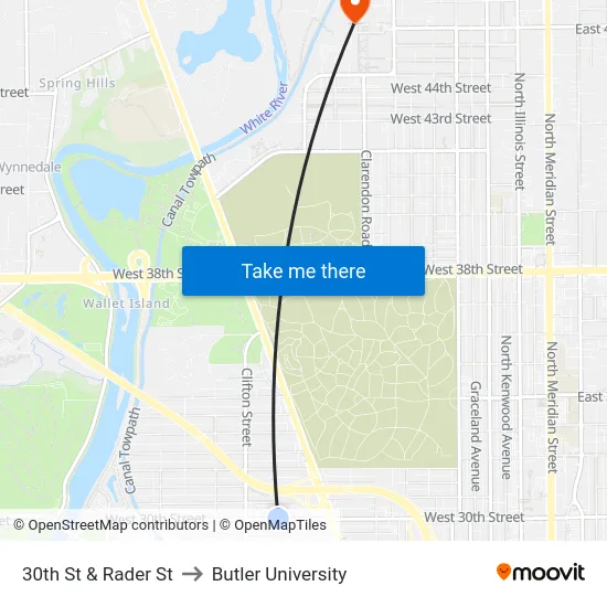 30th St & Rader St to Butler University map
