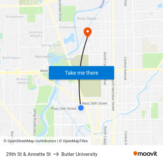 29th St & Annette St to Butler University map