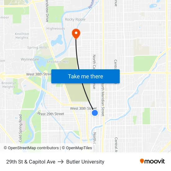 29th St & Capitol Ave to Butler University map