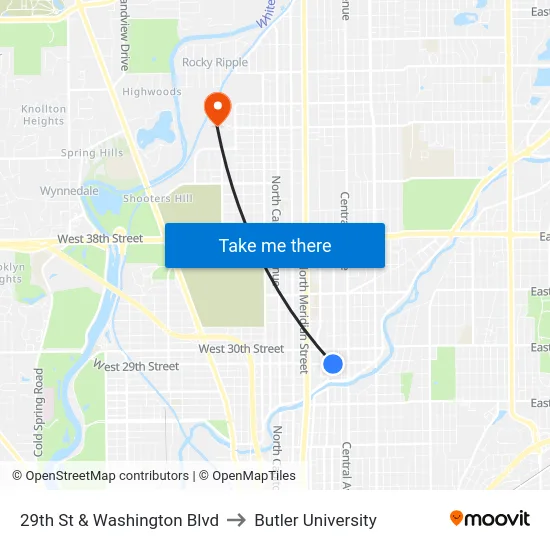 29th St & Washington Blvd to Butler University map