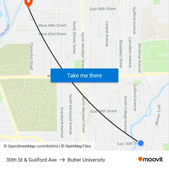 30th St & Guilford Ave to Butler University map
