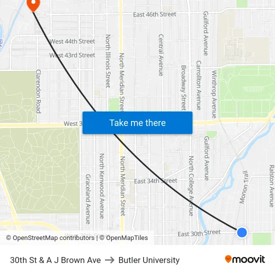 30th St & A J Brown Ave to Butler University map