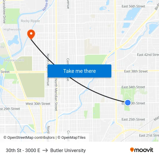 30th St - 3000 E to Butler University map