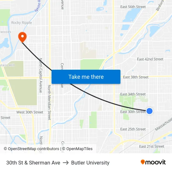 30th St & Sherman Ave to Butler University map