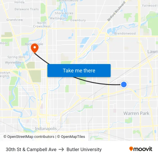 30th St & Campbell Ave to Butler University map