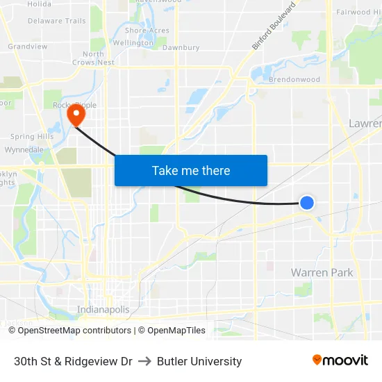 30th St & Ridgeview Dr to Butler University map