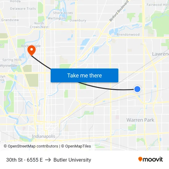 30th St - 6555 E to Butler University map
