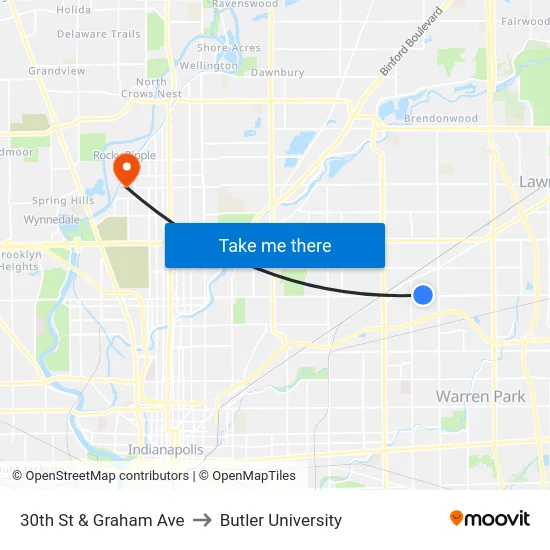 30th St & Graham Ave to Butler University map