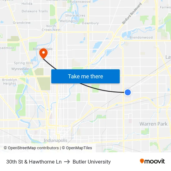 30th St & Hawthorne Ln to Butler University map