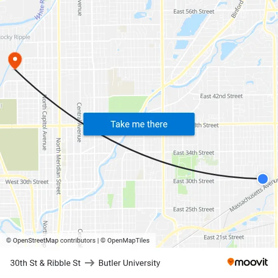 30th St & Ribble St to Butler University map