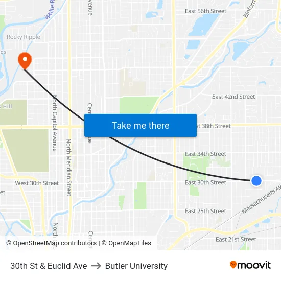 30th St & Euclid Ave to Butler University map